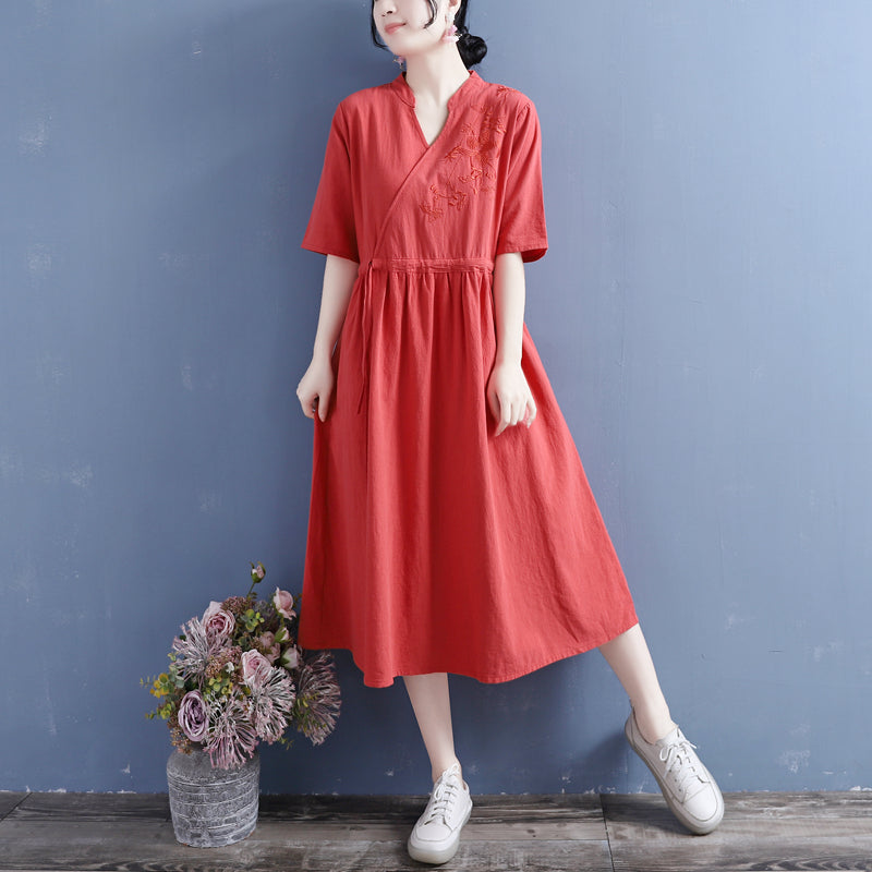 Summer Retro Loose Casual Solid Cotton Linen Dress May 2022 New Arrival One Size Red 
