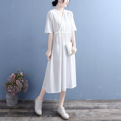 Summer Retro Loose Casual Solid Cotton Linen Dress May 2022 New Arrival One Size White 
