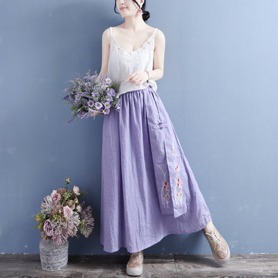 Summer Retro Loose Cotton Linen Embroidery Skirt