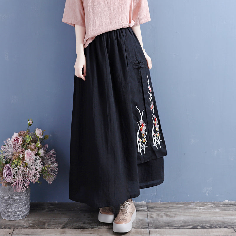 Summer Retro Loose Cotton Linen Embroidery Skirt May 2022 New Arrival One Size Black 