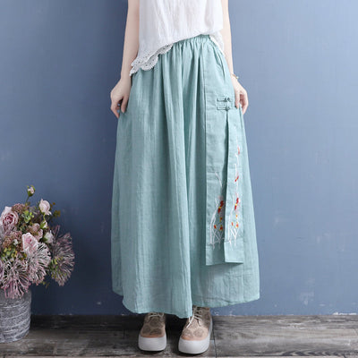 Summer Retro Loose Cotton Linen Embroidery Skirt May 2022 New Arrival One Size Green 