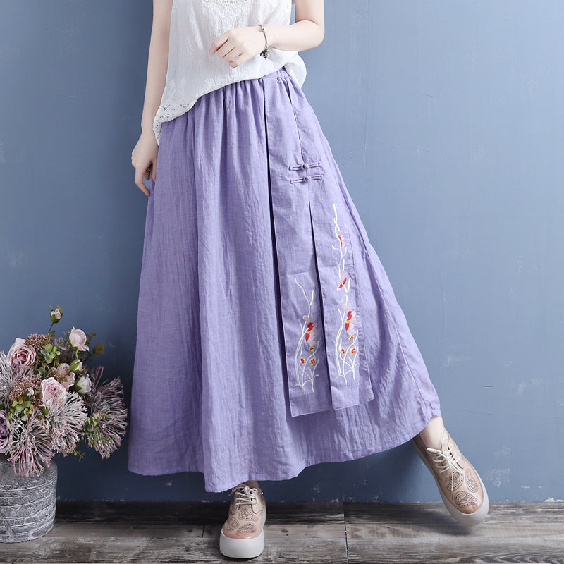 Summer Retro Loose Cotton Linen Embroidery Skirt May 2022 New Arrival One Size Purple 