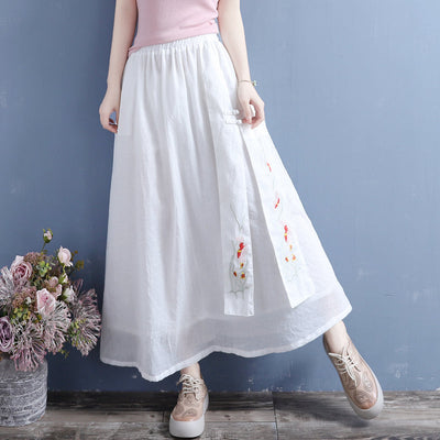 Summer Retro Loose Cotton Linen Embroidery Skirt May 2022 New Arrival One Size White 