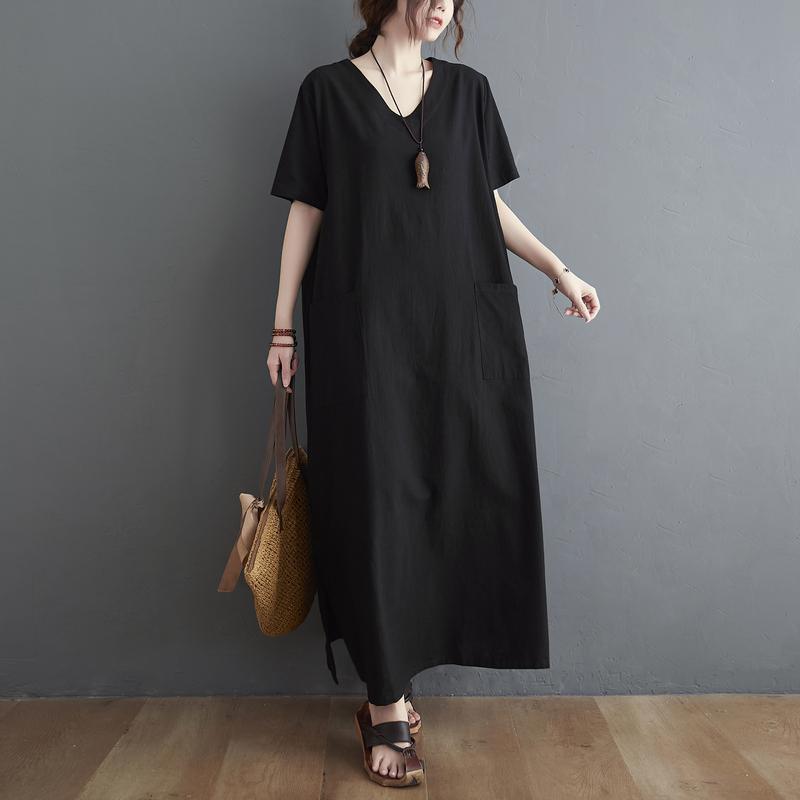 Summer Retro Loose Cotton Linen Plus Size Dress July 2021 New-Arrival Black 