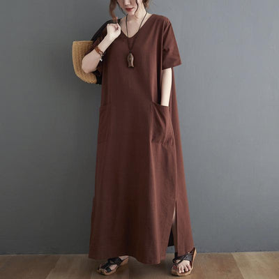 Summer Retro Loose Cotton Linen Plus Size Dress July 2021 New-Arrival Coffee 
