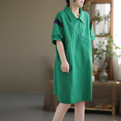 Summer Retro Loose Cotton Mini Dress May 2022 New Arrival One Size Green 