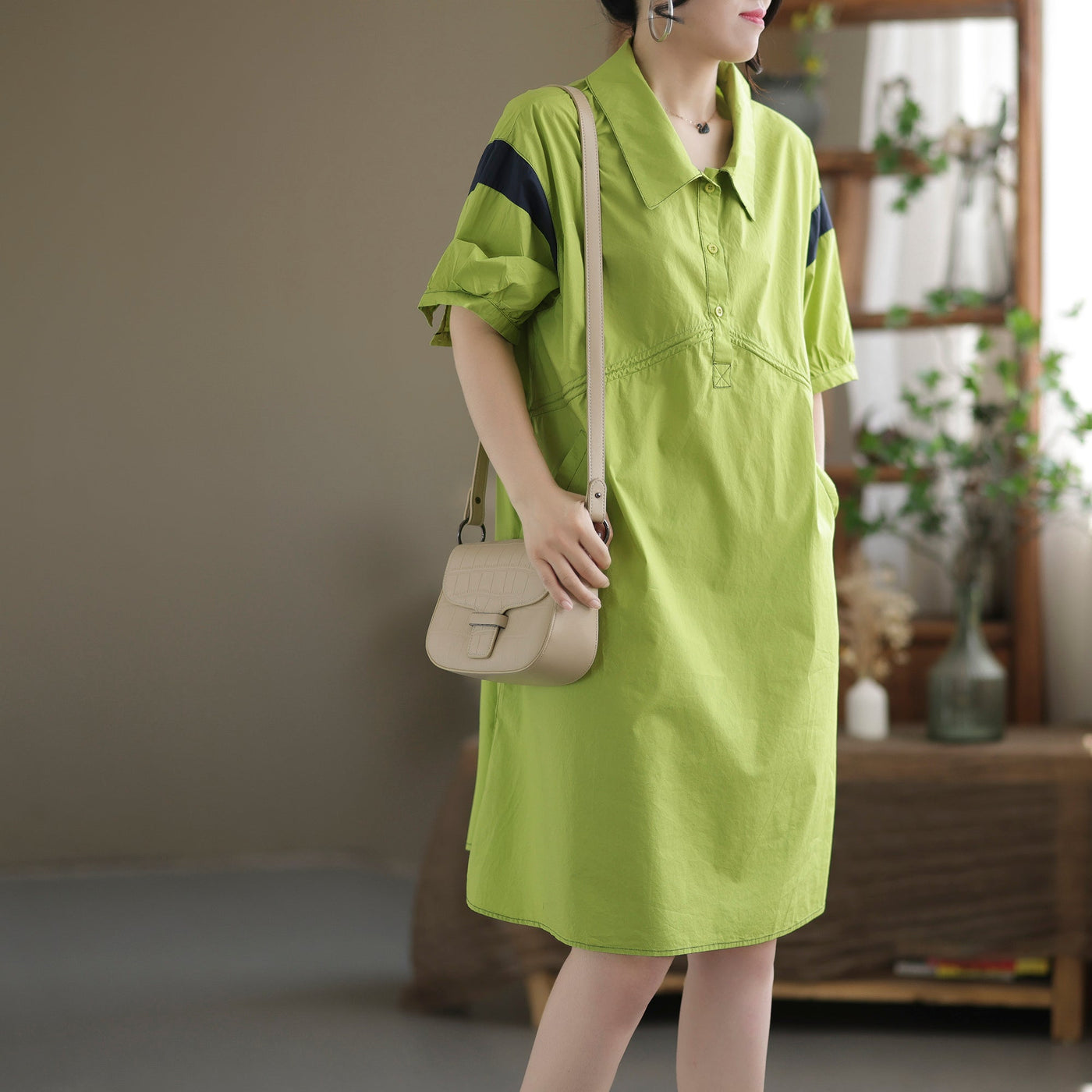 Summer Retro Loose Cotton Mini Dress May 2022 New Arrival One Size Light Green 
