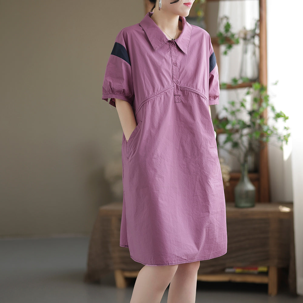 Summer Retro Loose Cotton Mini Dress May 2022 New Arrival One Size Purple 