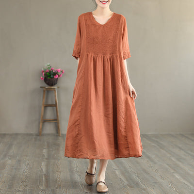 Summer Retro Loose Half Sleeve Linen V-Neck Dress Jul 2022 New Arrival One Size Orange 
