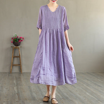 Summer Retro Loose Half Sleeve Linen V-Neck Dress Jul 2022 New Arrival One Size Purple 