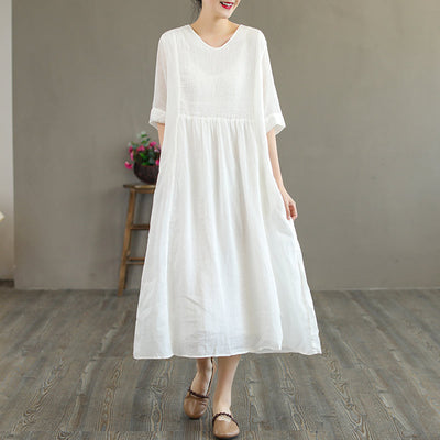 Summer Retro Loose Half Sleeve Linen V-Neck Dress Jul 2022 New Arrival One Size White 