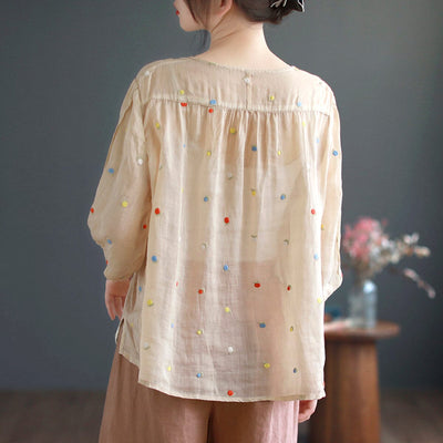 Summer Retro Loose Linen Embroidery Blouse
