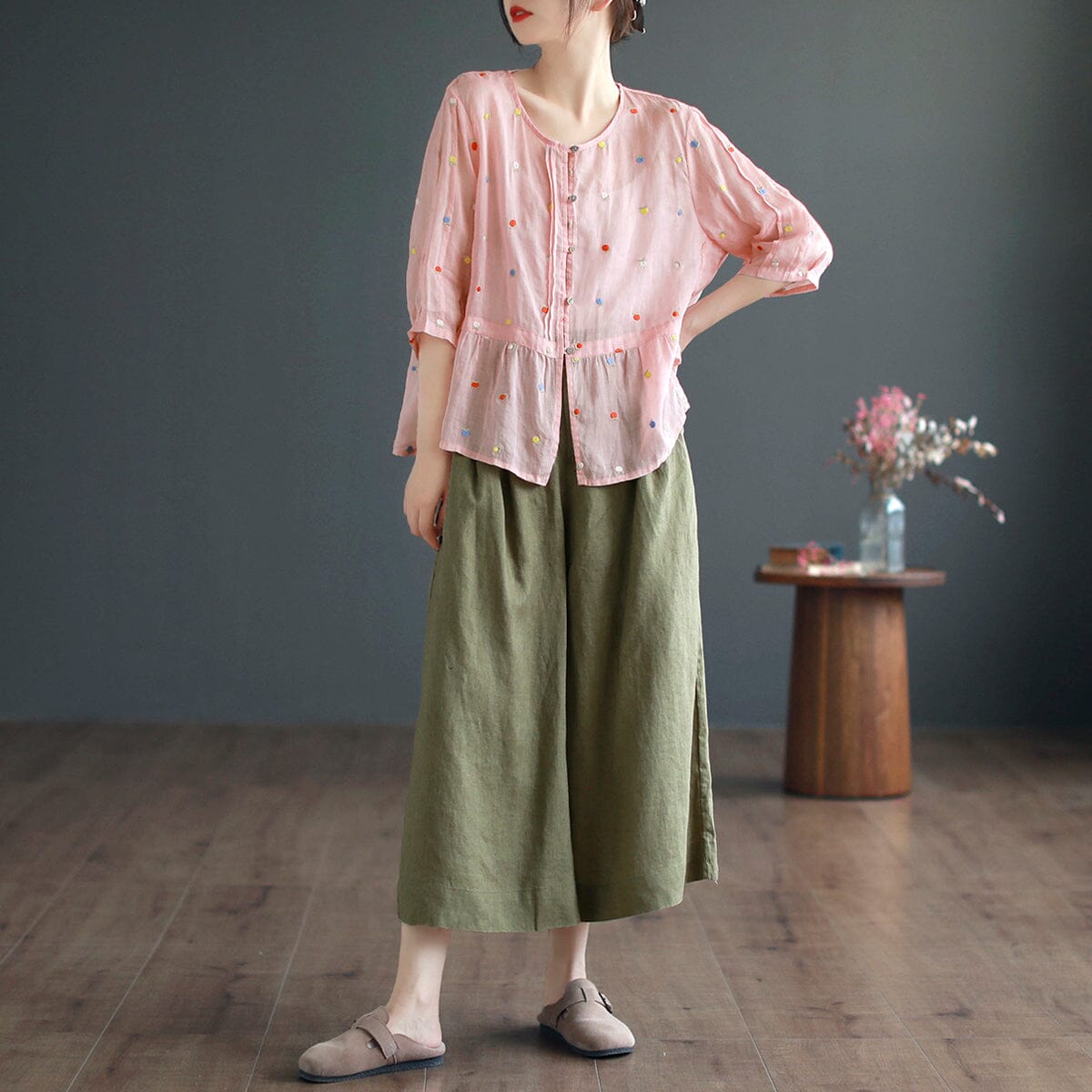 Summer Retro Loose Linen Embroidery Blouse