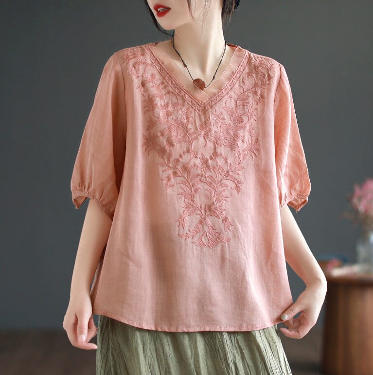 Summer Retro Loose Linen Embroidery V-Neck T-Shirt May 2023 New Arrival 