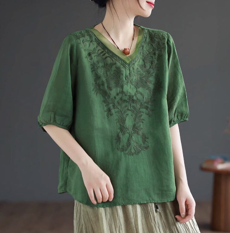 Summer Retro Loose Linen Embroidery V-Neck T-Shirt May 2023 New Arrival Green One Size 