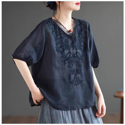 Summer Retro Loose Linen Embroidery V-Neck T-Shirt May 2023 New Arrival Navy One Size 