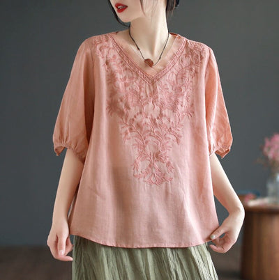 Summer Retro Loose Linen Embroidery V-Neck T-Shirt May 2023 New Arrival Pink One Size 