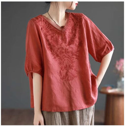 Summer Retro Loose Linen Embroidery V-Neck T-Shirt May 2023 New Arrival Red One Size 