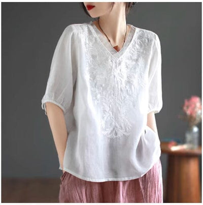 Summer Retro Loose Linen Embroidery V-Neck T-Shirt May 2023 New Arrival White One Size 