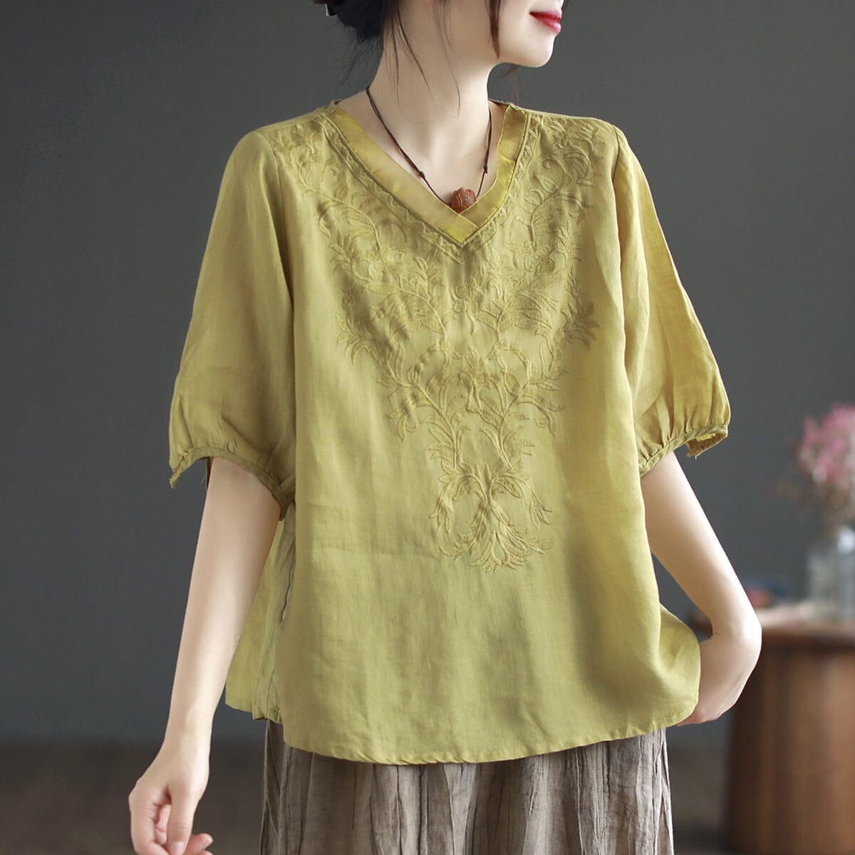 Summer Retro Loose Linen Embroidery V-Neck T-Shirt May 2023 New Arrival Yellow One Size 