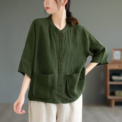 Summer Retro Loose Linen Solid Blouse May 2023 New Arrival 
