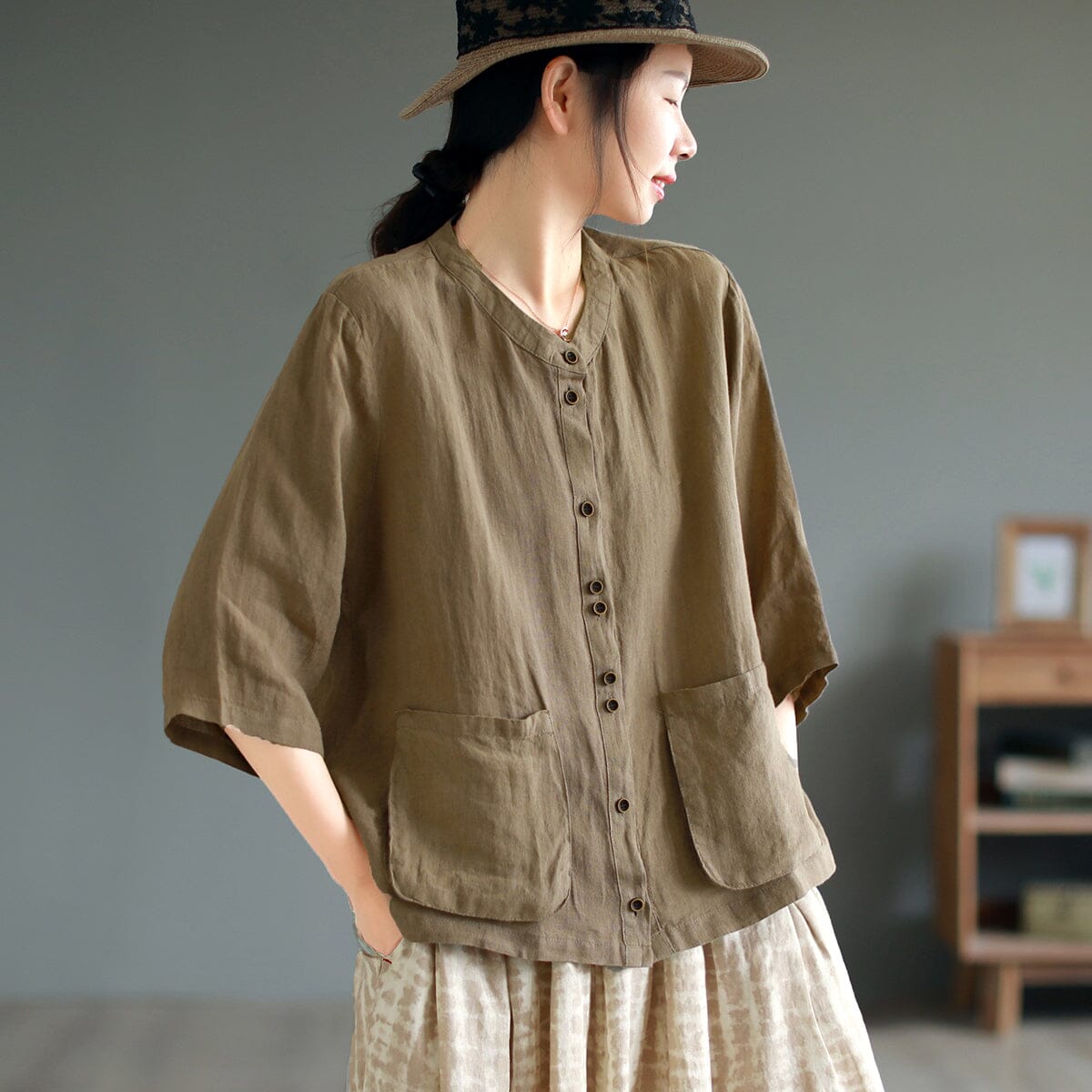 Summer Retro Loose Linen Solid Blouse May 2023 New Arrival One Size Coffee 