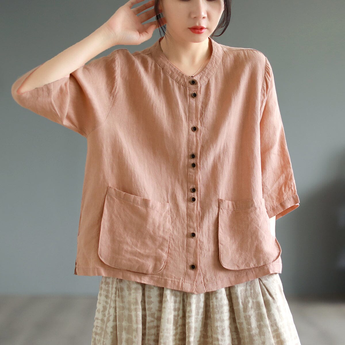 Summer Retro Loose Linen Solid Blouse May 2023 New Arrival One Size Pink 