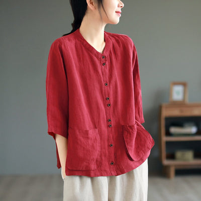 Summer Retro Loose Linen Solid Blouse May 2023 New Arrival One Size Red 