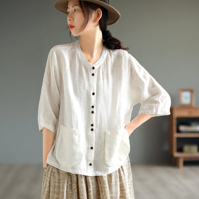 Summer Retro Loose Linen Solid Blouse May 2023 New Arrival One Size White 