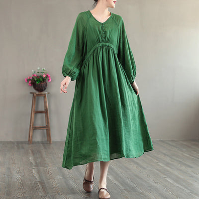 Summer Retro Loose Long Sleeve Thin Linen Solid Dress Jul 2022 New Arrival One Size Green 