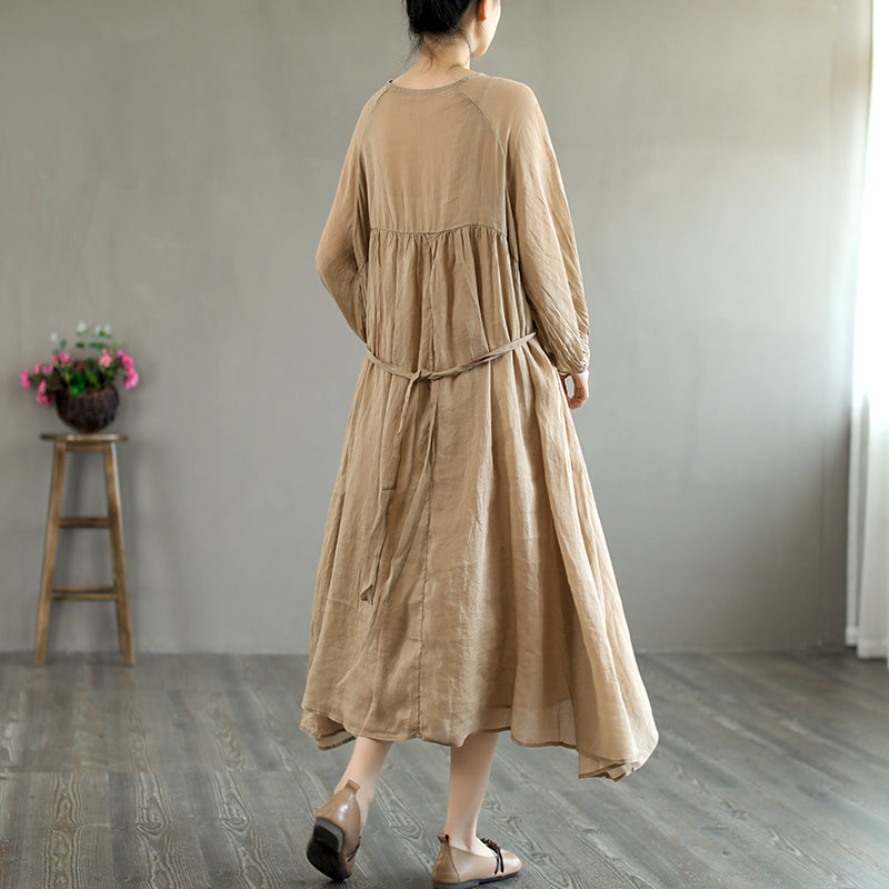 Summer Retro Loose Long Sleeve Thin Linen Solid Dress Jul 2022 New Arrival One Size Khaki 