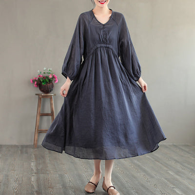 Summer Retro Loose Long Sleeve Thin Linen Solid Dress Jul 2022 New Arrival One Size Navy Blue 