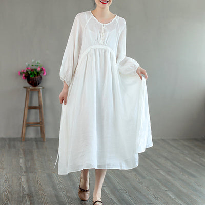 Summer Retro Loose Long Sleeve Thin Linen Solid Dress Jul 2022 New Arrival One Size White 