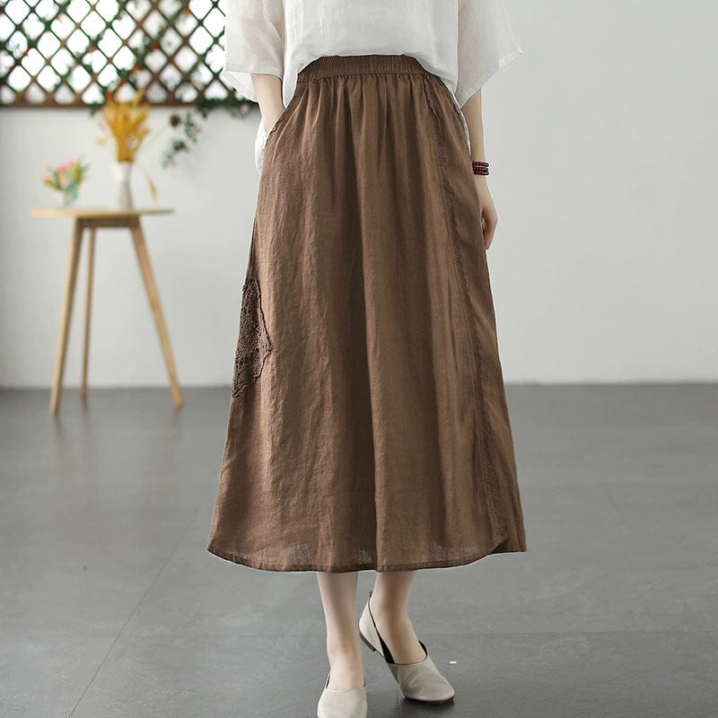 Summer Retro Loose Patchwork Linen A-Line Skirt Jun 2023 New Arrival Coffee One Size 