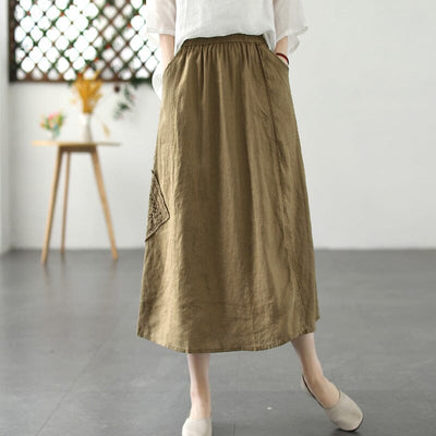 Summer Retro Loose Patchwork Linen A-Line Skirt Jun 2023 New Arrival Khaki One Size 