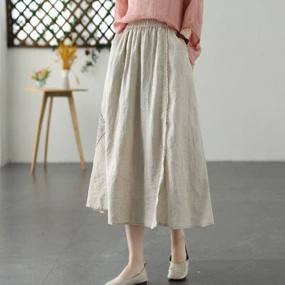 Summer Retro Loose Patchwork Linen A-Line Skirt Jun 2023 New Arrival Linen One Size 