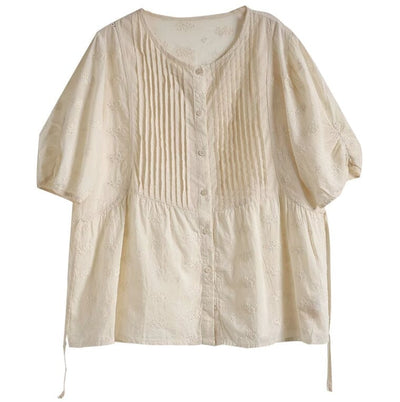 Summer Retro Loose Solid Linen Embroidery Blouse