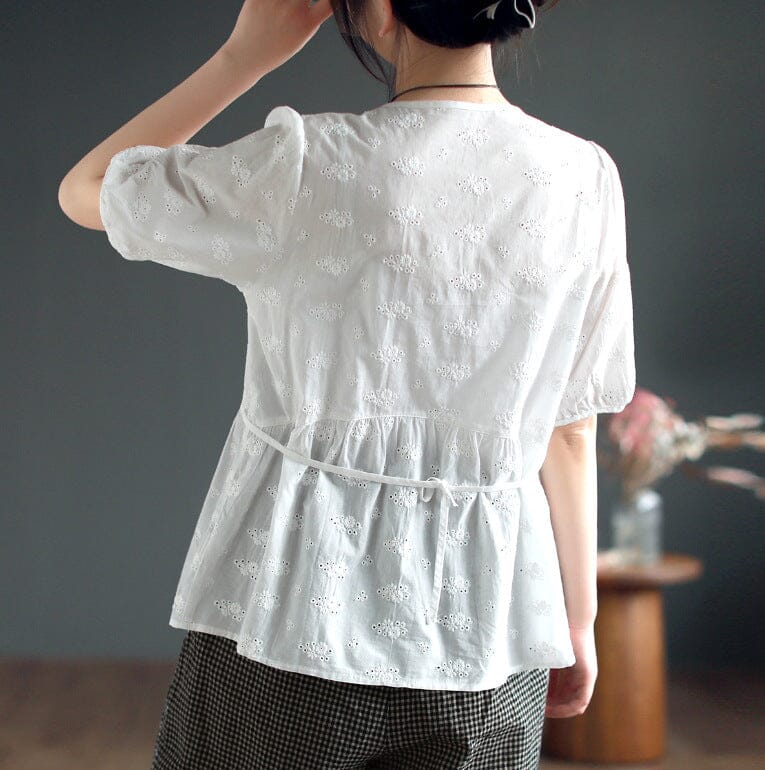 Summer Retro Loose Solid Linen Embroidery Blouse May 2023 New Arrival 
