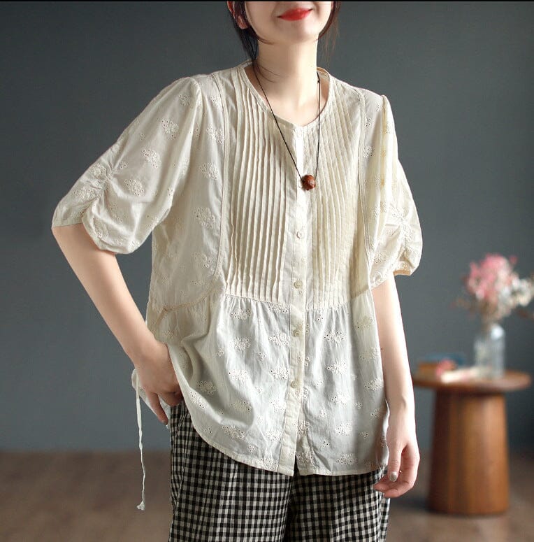 Summer Retro Loose Solid Linen Embroidery Blouse May 2023 New Arrival Apricot One Size 