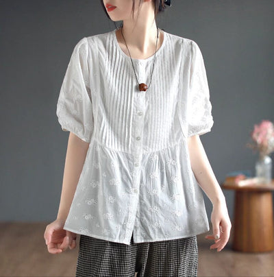 Summer Retro Loose Solid Linen Embroidery Blouse May 2023 New Arrival White One Size 