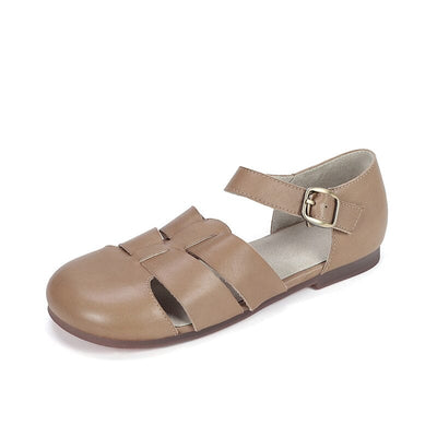 Summer Retro Minimalist Leather Casual Flat Sandals Jun 2023 New Arrival Khaki 35 