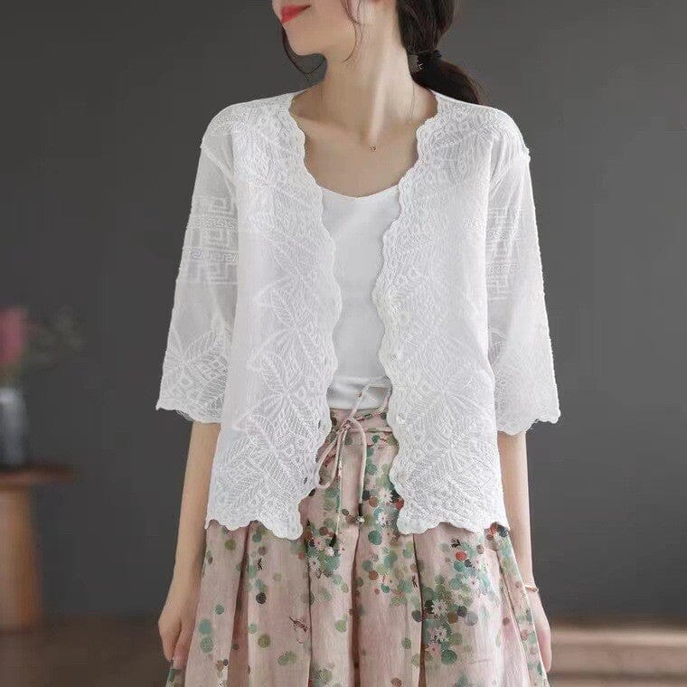 Summer Retro Patchwork Embroidery Patchwork Blouse Jul 2023 New Arrival White One Size 