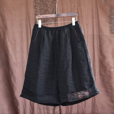 Summer Retro Patchwork Linen Loose Knee High Pants Jul 2022 New Arrival Black One Size 