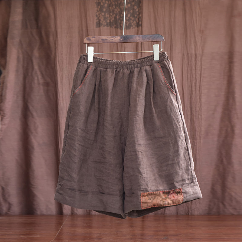 Summer Retro Patchwork Linen Loose Knee High Pants Jul 2022 New Arrival Brown One Size 