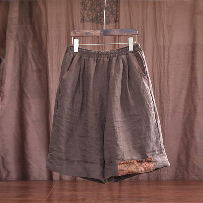 Summer Retro Patchwork Linen Loose Knee High Pants Jul 2022 New Arrival Brown One Size 