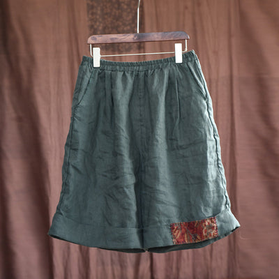 Summer Retro Patchwork Linen Loose Knee High Pants Jul 2022 New Arrival Green One Size 