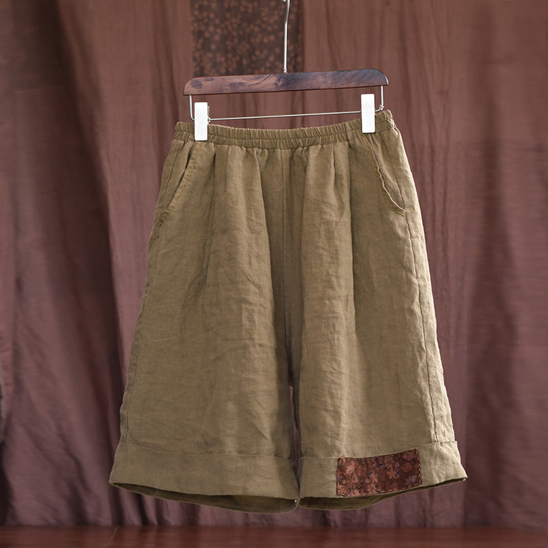 Summer Retro Patchwork Linen Loose Knee High Pants Jul 2022 New Arrival Olive Green One Size 