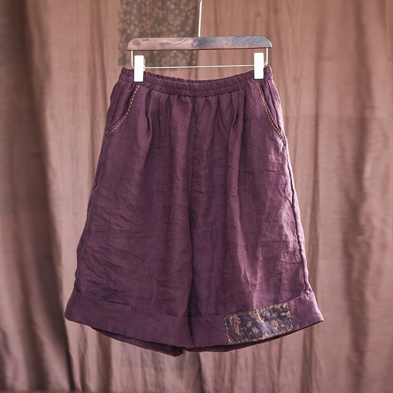 Summer Retro Patchwork Linen Loose Knee High Pants Jul 2022 New Arrival Purple One Size 