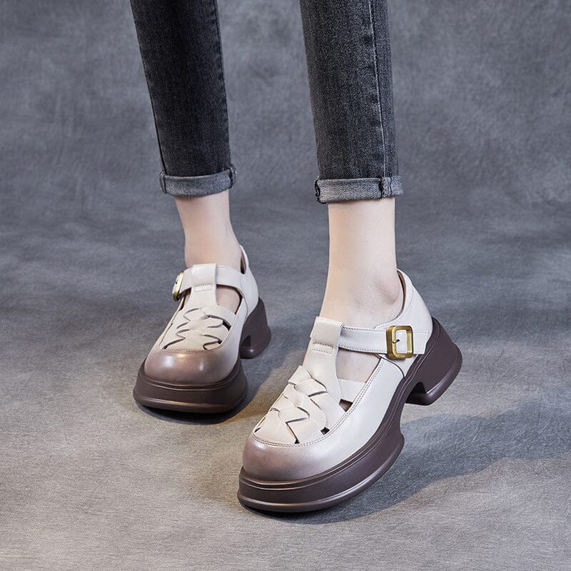 Summer Retro Plaited Leather Buckle Chunky Sandals