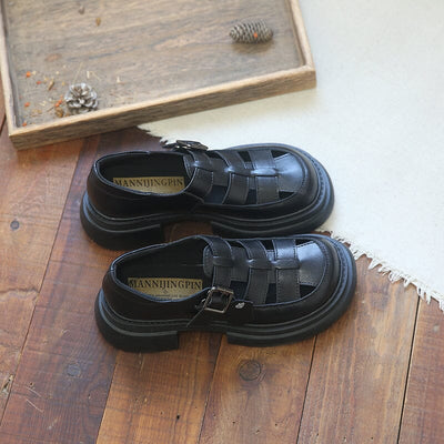 Summer Retro Plaited Leather Lug Sole Sandals Mar 2023 New Arrival 35 Black 